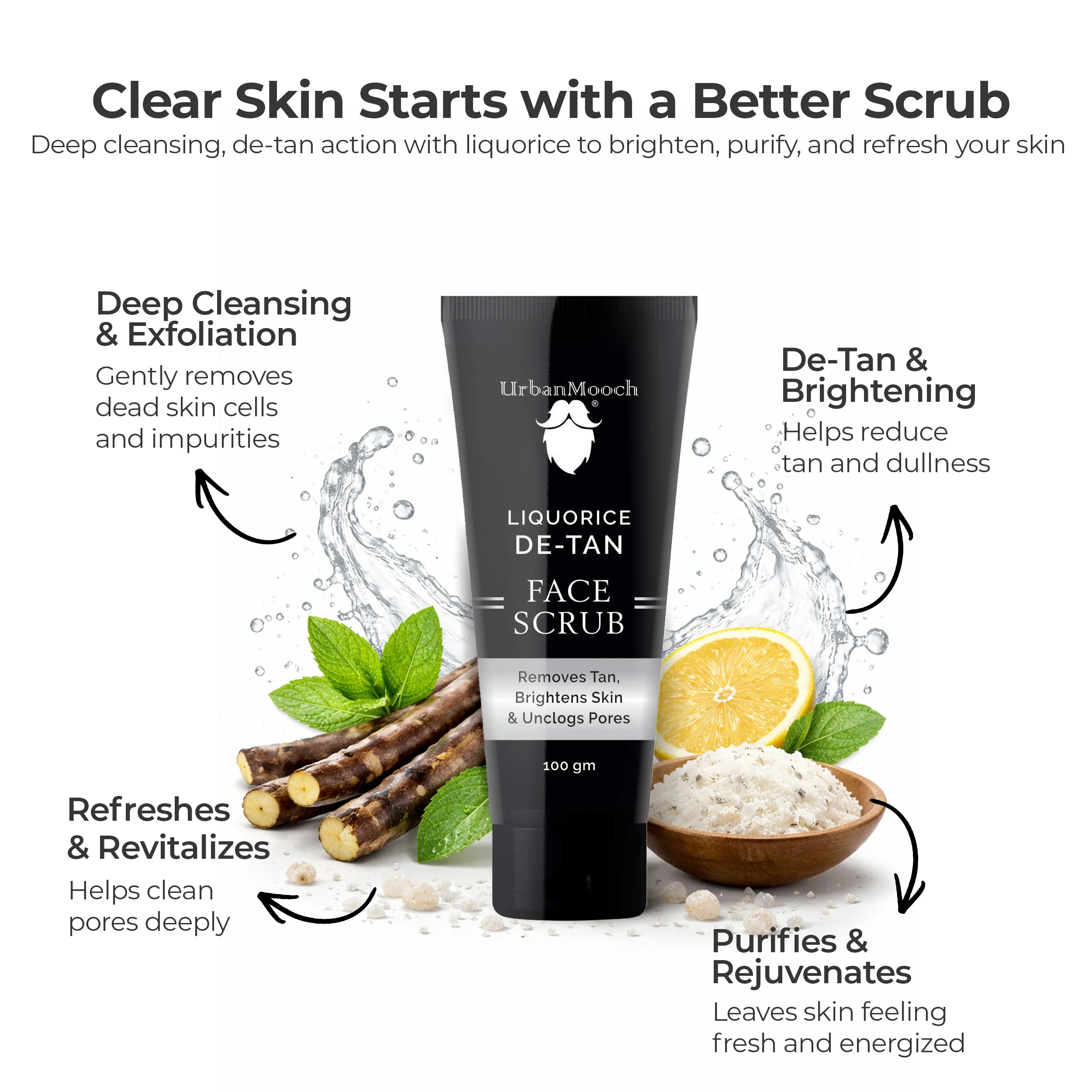 UrbanMooch Licorice De-Tan Face Scrub for Men | Removes Tan, Brightens Skin & Unclogs Pores | Deep Exfoliating Scrub for Oily & Dull Skin - Image 3