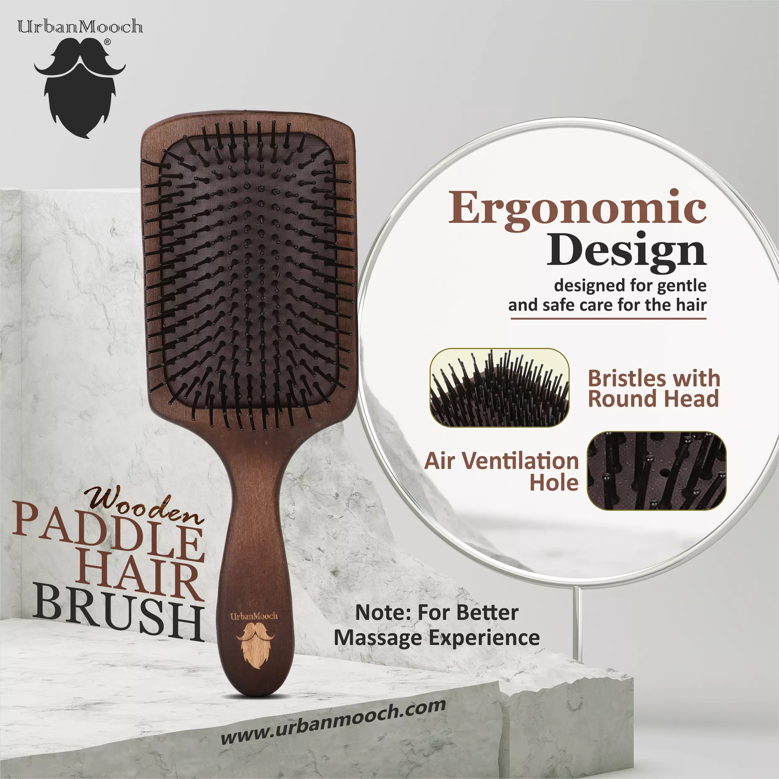 Premium Wooden Hair Brush For Men | Nylon Bristles | Paddle Hair Brush For Men - Image 4