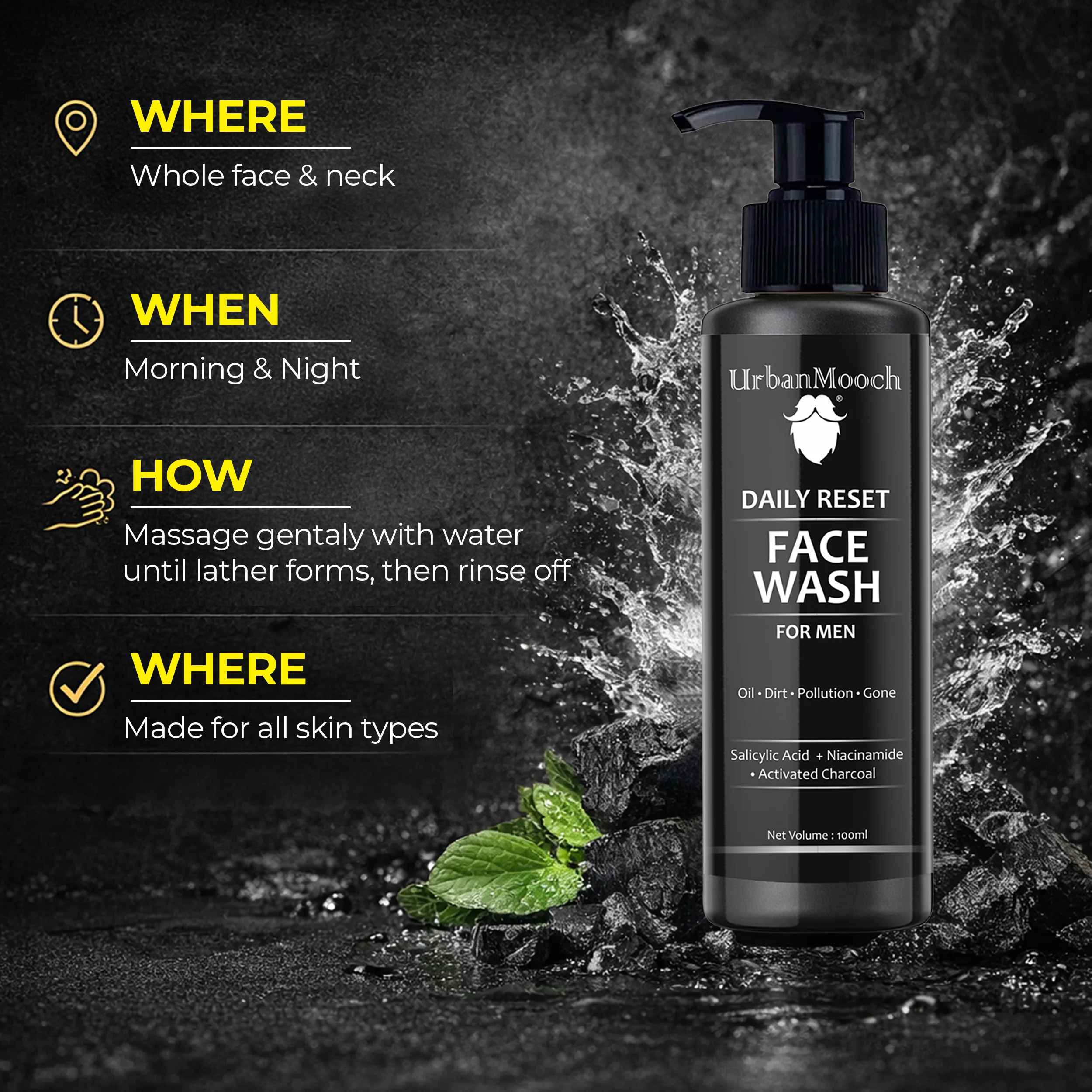 UrbanMooch Daily Reset Face Wash for Men with Charcoal, Salicylic Acid & Niacinamide – Gel Based Oil Control Cleanser - Image 5