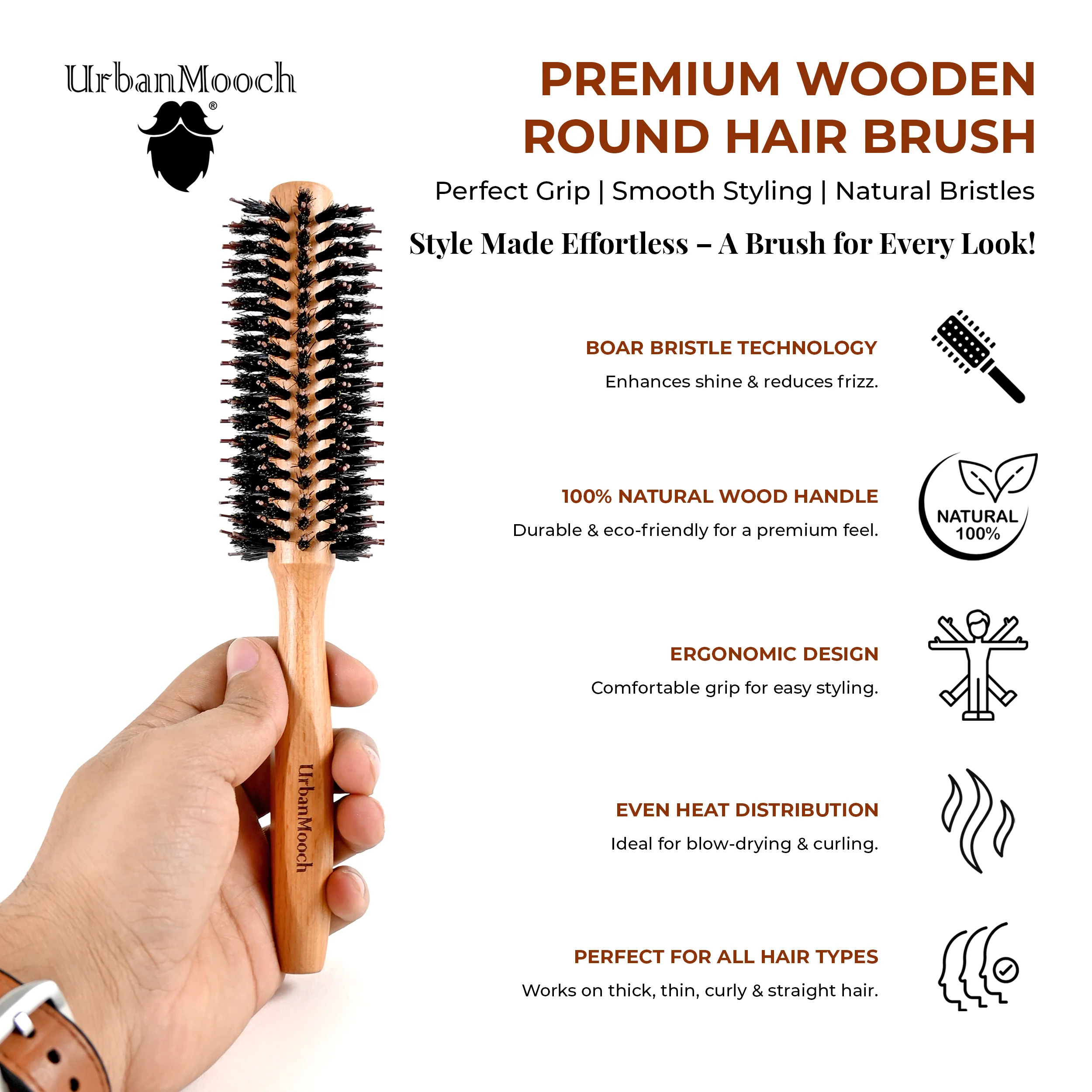 Premium Boar Bristle Hair Brush for Men - Round - Image 5