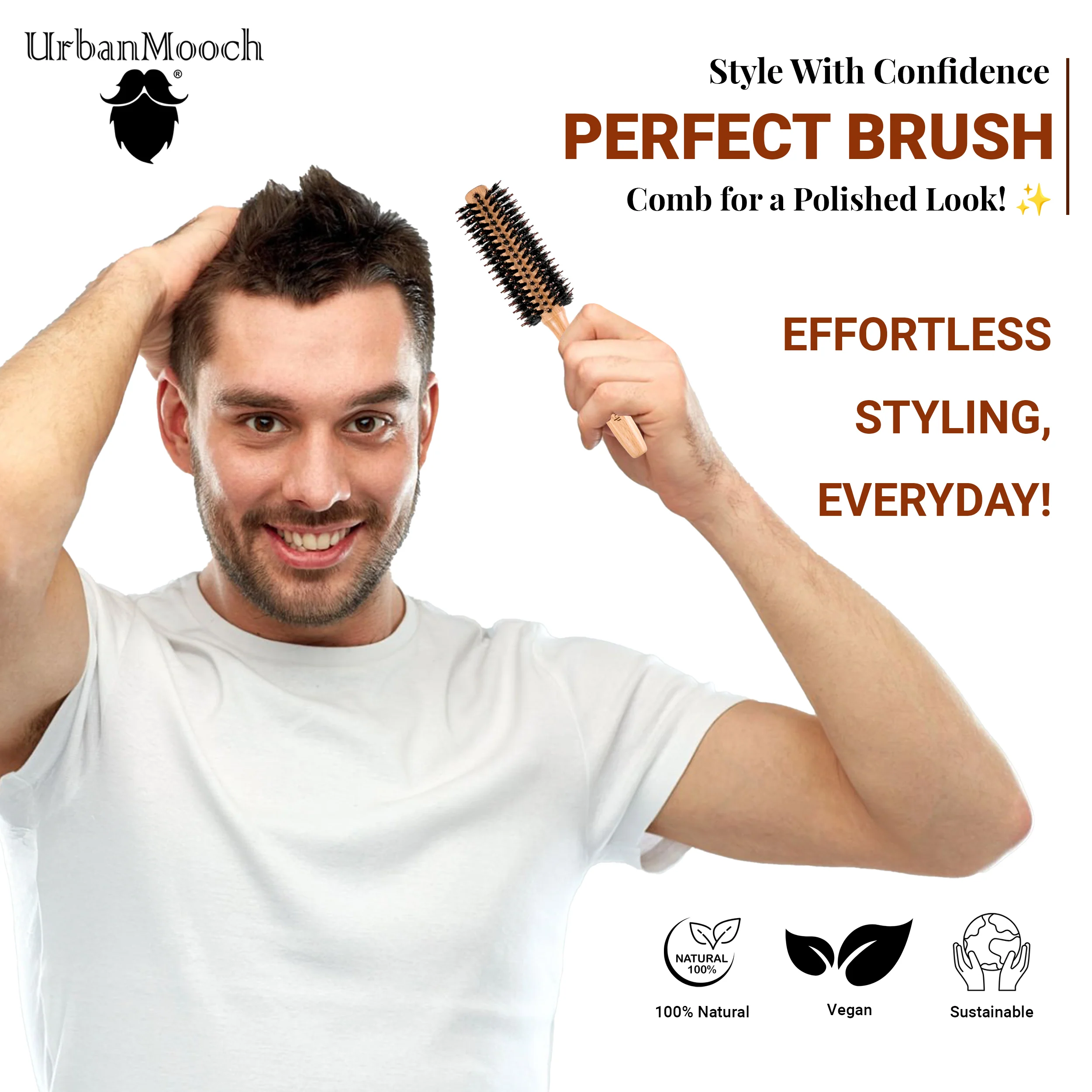 Premium Boar Bristle Hair Brush for Men - Round - Image 4