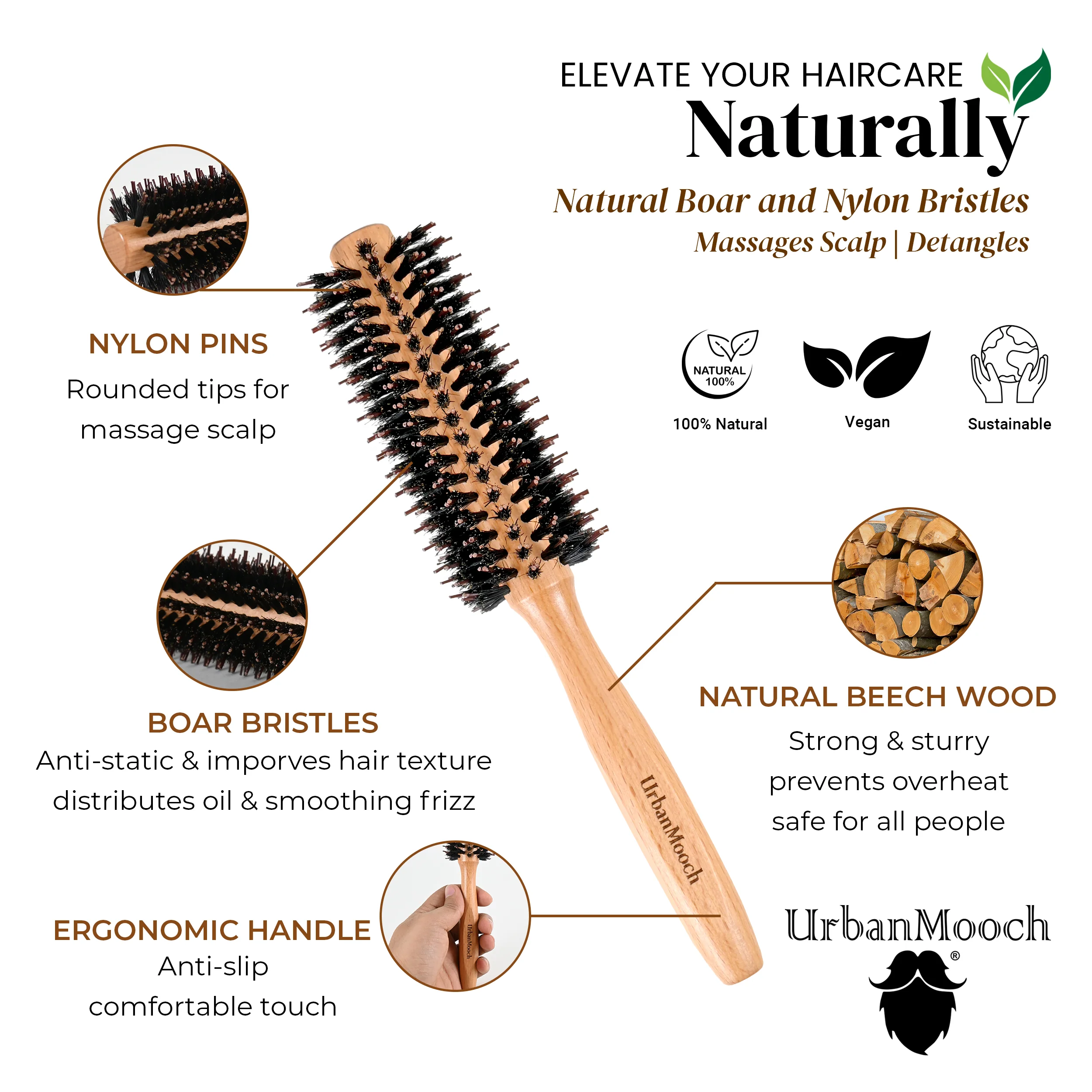 Premium Boar Bristle Hair Brush for Men - Round - Image 3