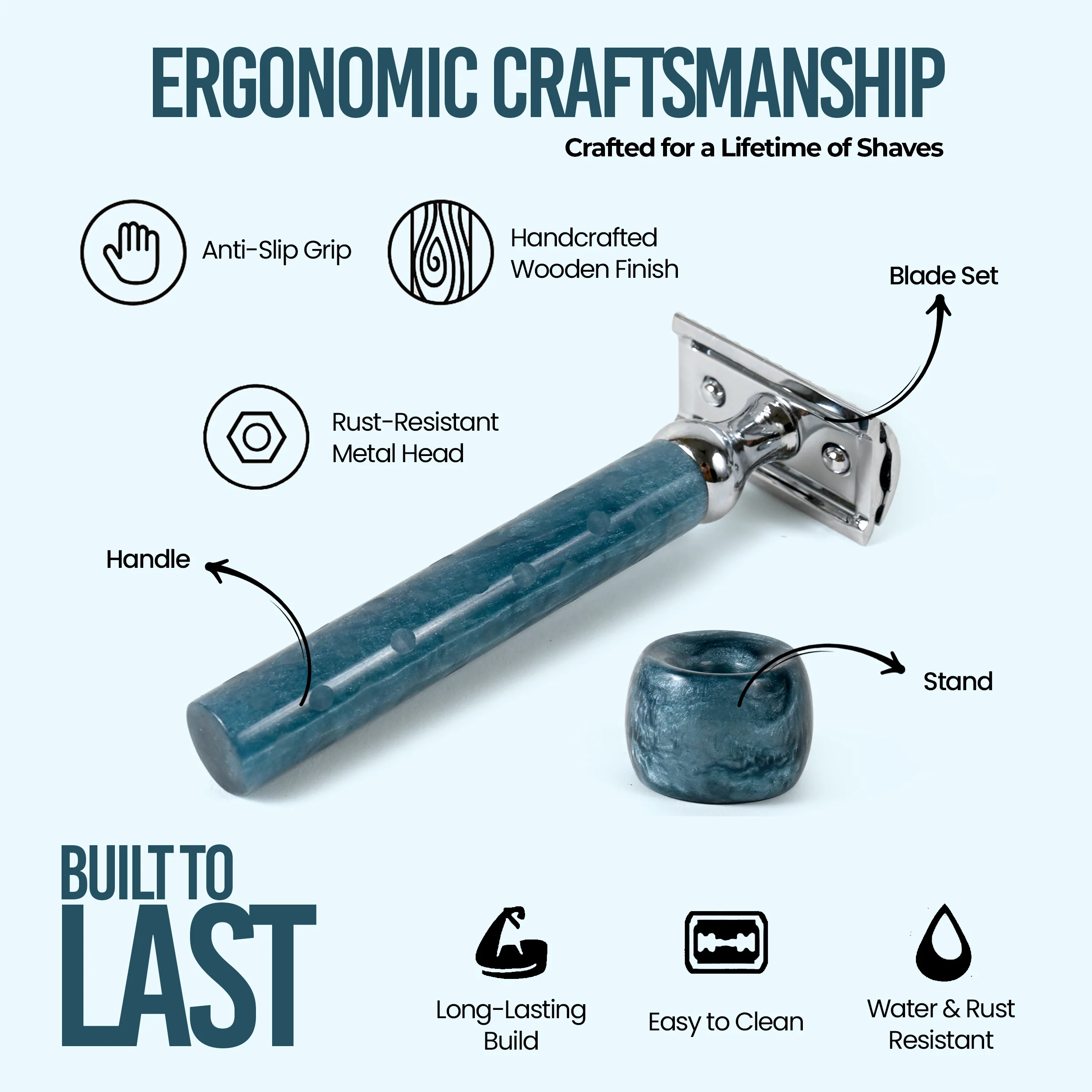 UrbanMooch Resin Handle Safety Razor for Men with Stand – Reusable Double Edge Shaving Razor for Smooth & Close Shave, Blue - Image 4