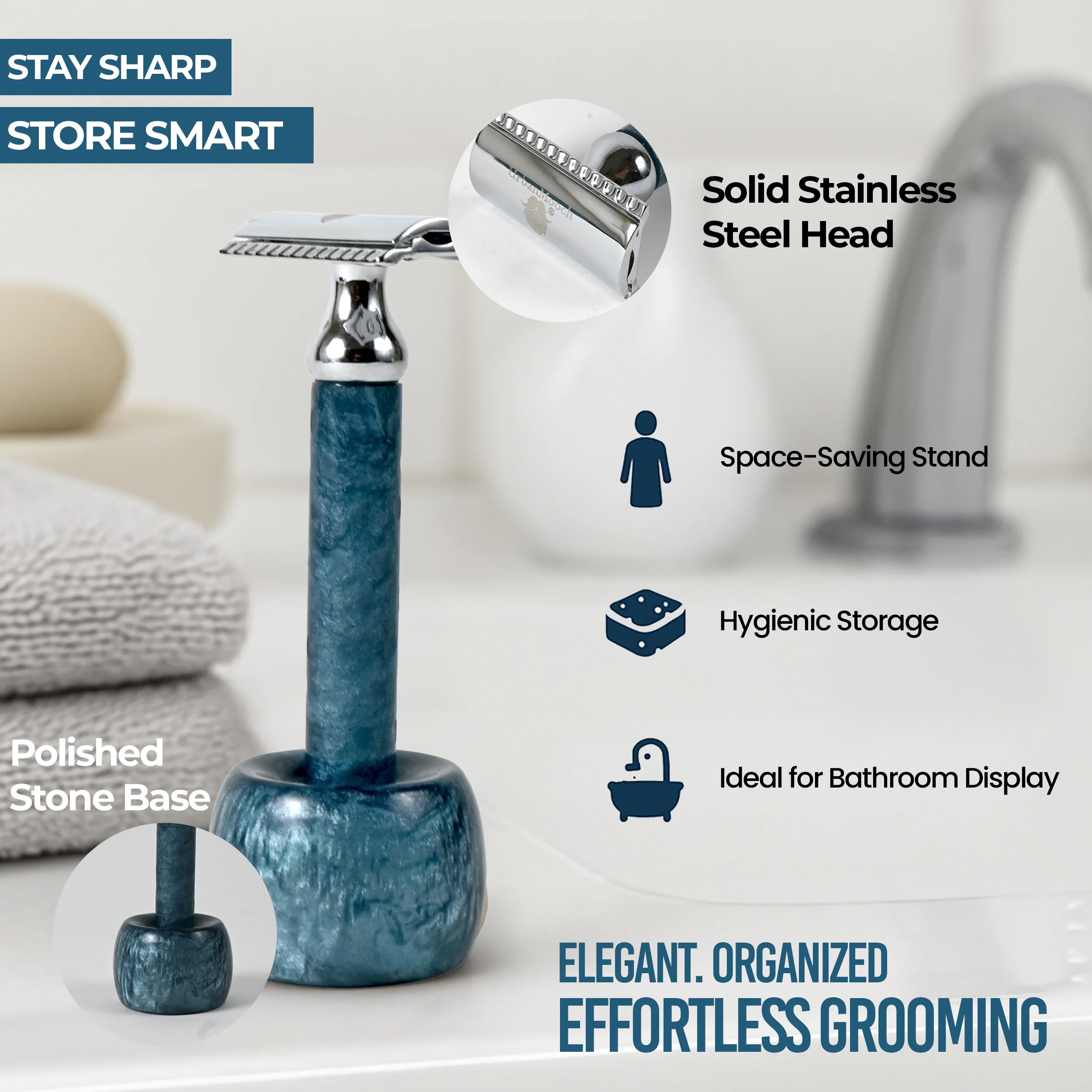 UrbanMooch Resin Handle Safety Razor for Men with Stand – Reusable Double Edge Shaving Razor for Smooth & Close Shave, Blue - Image 8